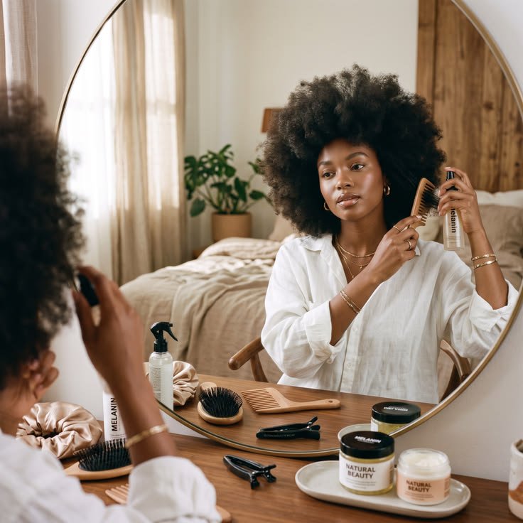 Femme noire entretenant une perruque en cheveux naturels