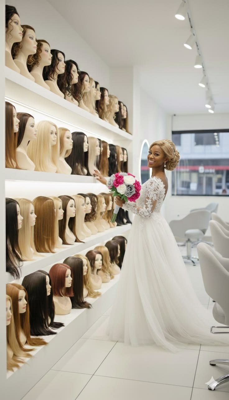 Femme noire choisissant une perruque dans un salon de beauté